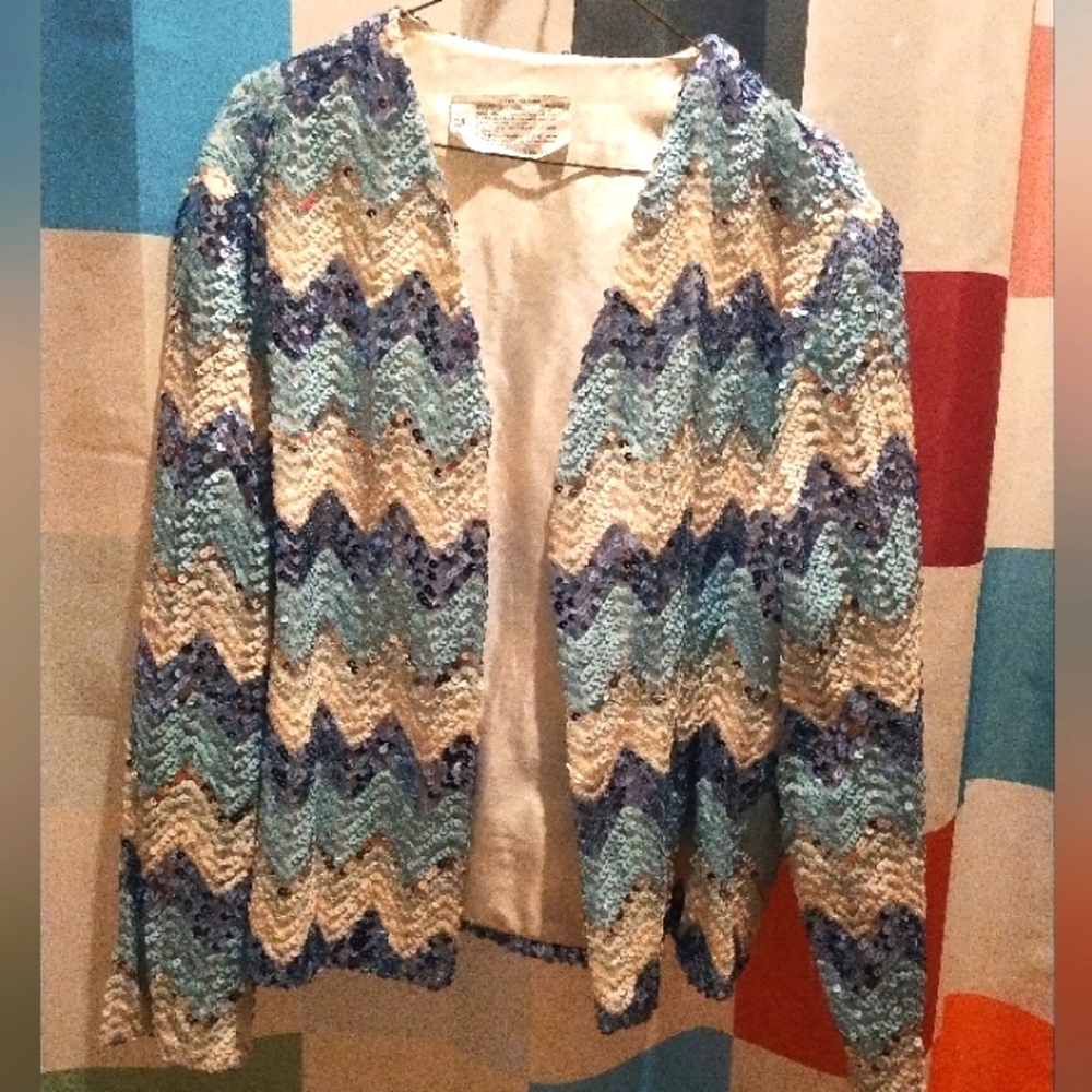 Vintage Carole Little Blue/Silver/White Sequin Jacket